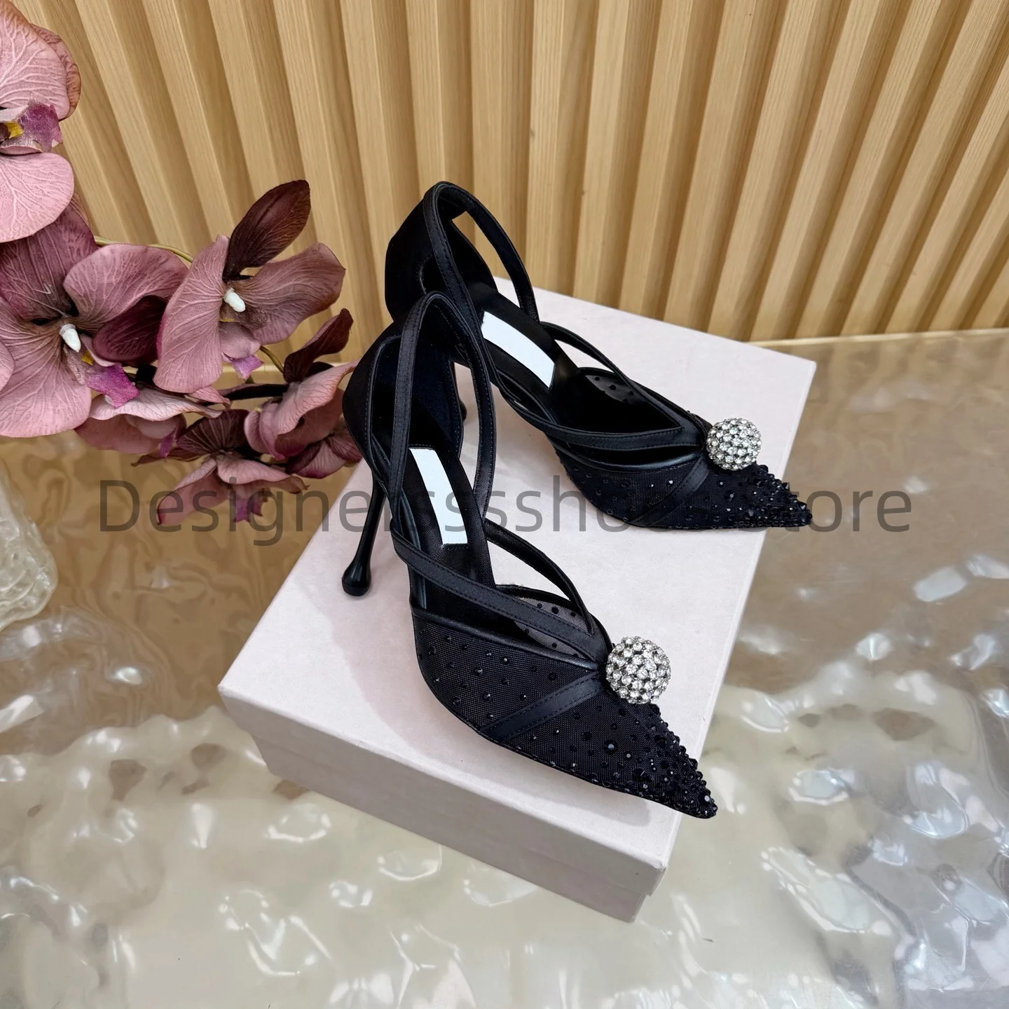 Pointed Round Toe Evening High Heel Sandals Cowhide Lace Upper Sheepskin Lining Italian Leather Outsole Sizes 35-43