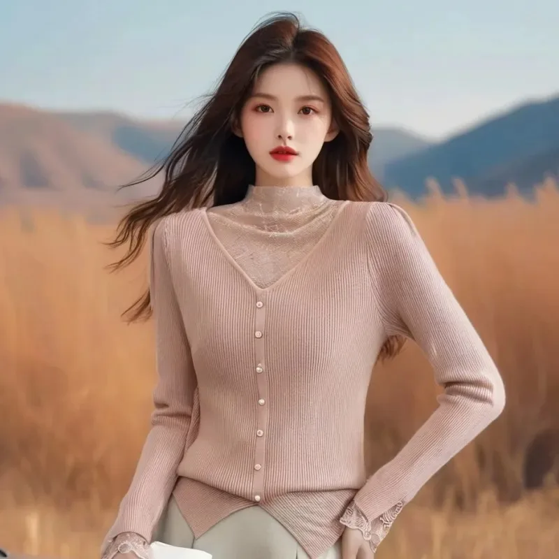 مزاجه نصف الياقة المدورة الدانتيل شبكة الربط سترة بلايز للنساء الخريف الشتاء نمط جديد قاع قميص سترة