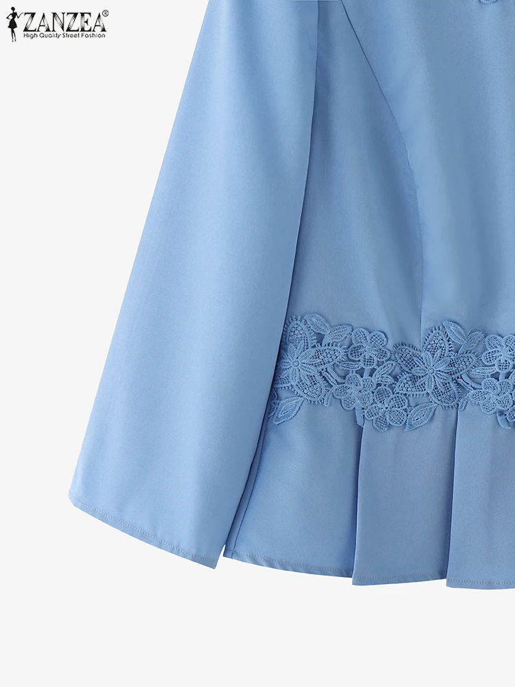 بلوزات ZANZEA النسائية الأنيقة المرقعة بالدانتيل موضة خريف 2025 رقبة مستديرة 3/4 كم بلوزات بحاشية مكشكشة بلوزات بيبلوم صلبة