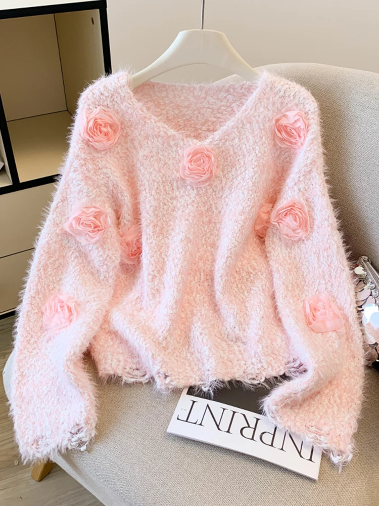 Autunno Inverno Dolce maglione floreale tridimensionale da donna Nuovo maglione lavorato a maglia pullover rosa alla moda Top S207