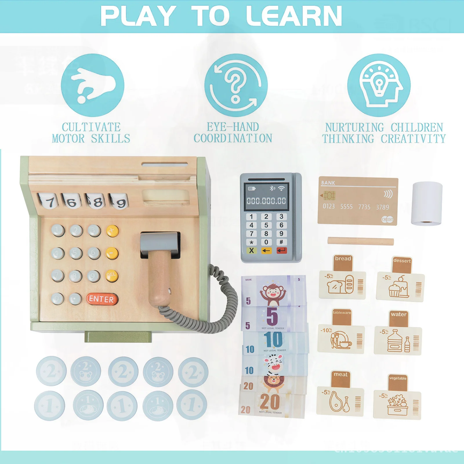 Children's Wooden Cash Register Toy Simulation Supermarket Playhouse Early Education Educational Pretend Play for Boys & Girls