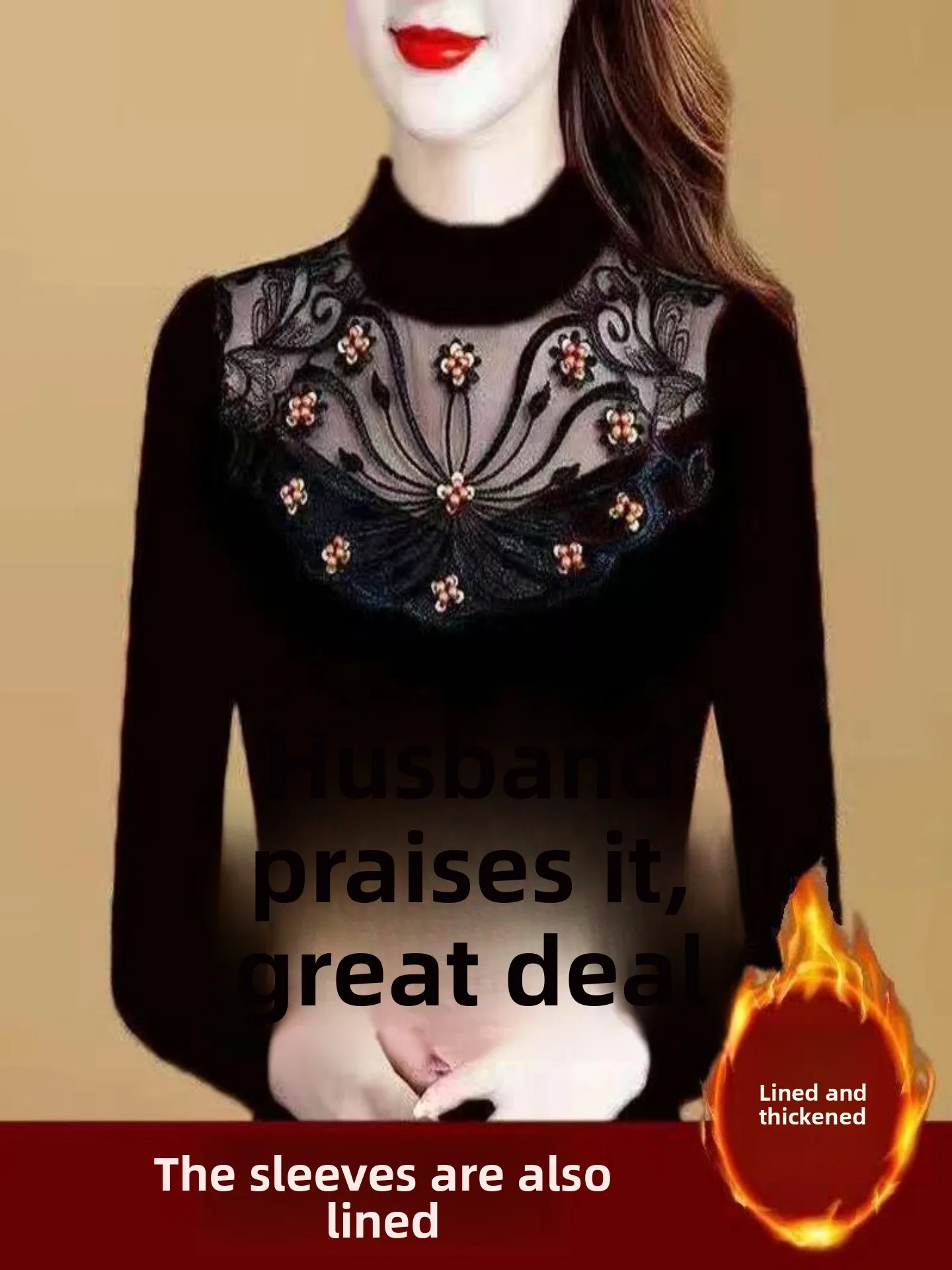 

Thin Fleece Long Sleeve Women's Lace Base Shirt Autumn Winter New Style Outerwear Warm Top T-shirt Casual Commute Style