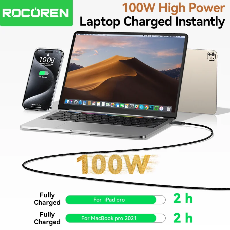 Rocoren100W Type C Cable PD3.1 240W 5A High Power Fast Charging USB C Quick Charging For iPhone Samsung Laptop iPad Date Cord