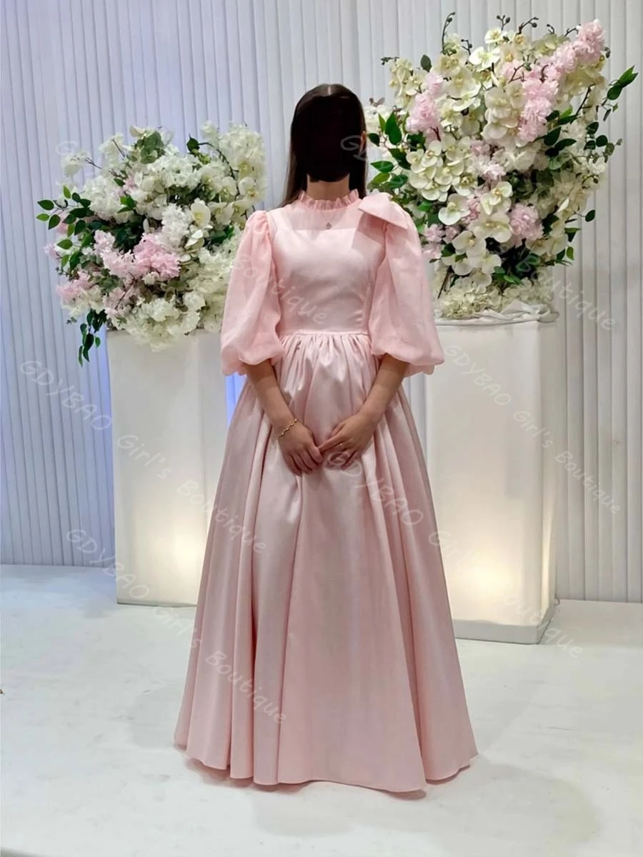 فستان وصيفة العروس وردي رشيق للنساء لحفلات الزفاف برقبة عالية وأكمام بالونية فستان سهرة رسمي مع فيونكة كتف مخصصة