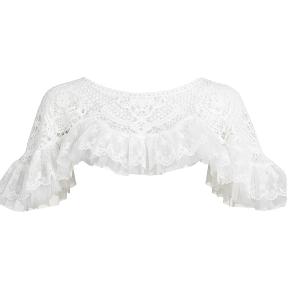 Layered Vintage Cheongsam Crochet Tippet Mesh Trim Lace Hollow-Out Shawl Off‑Shoulder Black Shawl Cape Coat Parties