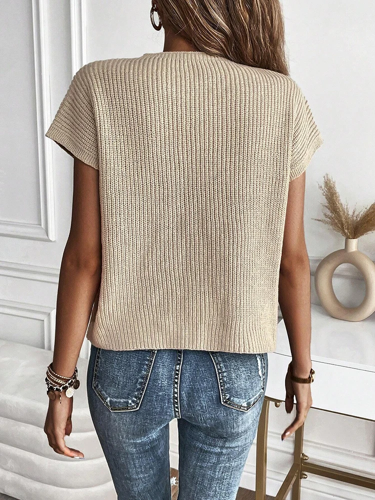 Damski sweter z dzianiny w jednolitym kolorze, z krótkim rękawem, grubej włóczki, z okrągłym dekoltem, elegancki, modny, do noszenia na co dzień.