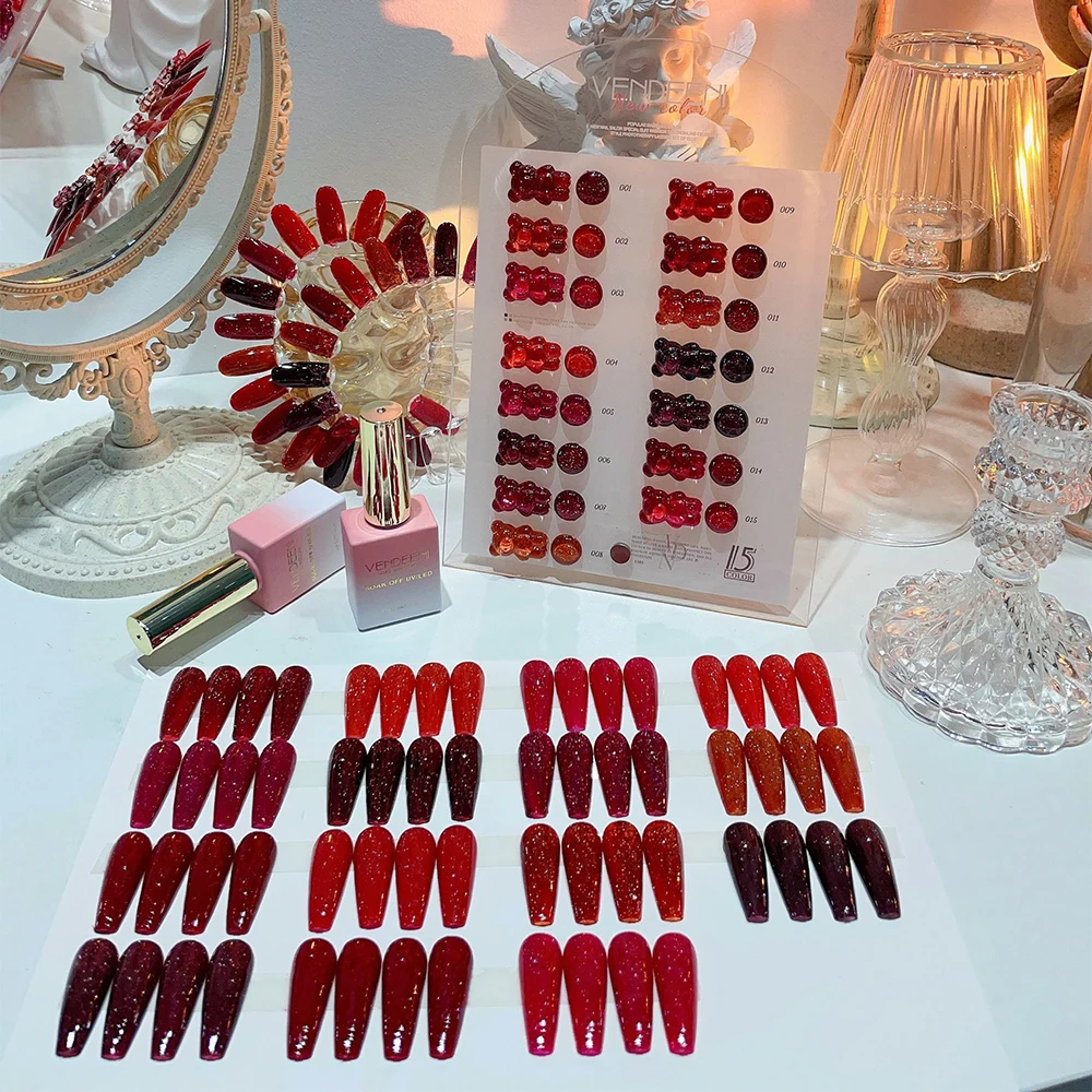 Vendeeni 15 Farben/Set Roter Glitzer-Broken-Diamond-Gel-Nagellack Semi-Permanenter UV-LED-Soak-Off-Gel-Lack mit Display – Detail 10