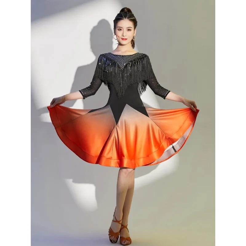 Latin Dance Skirt Professional Competition Dance Gradual Dress Team Practice Performance Sexy Fringe Skirt