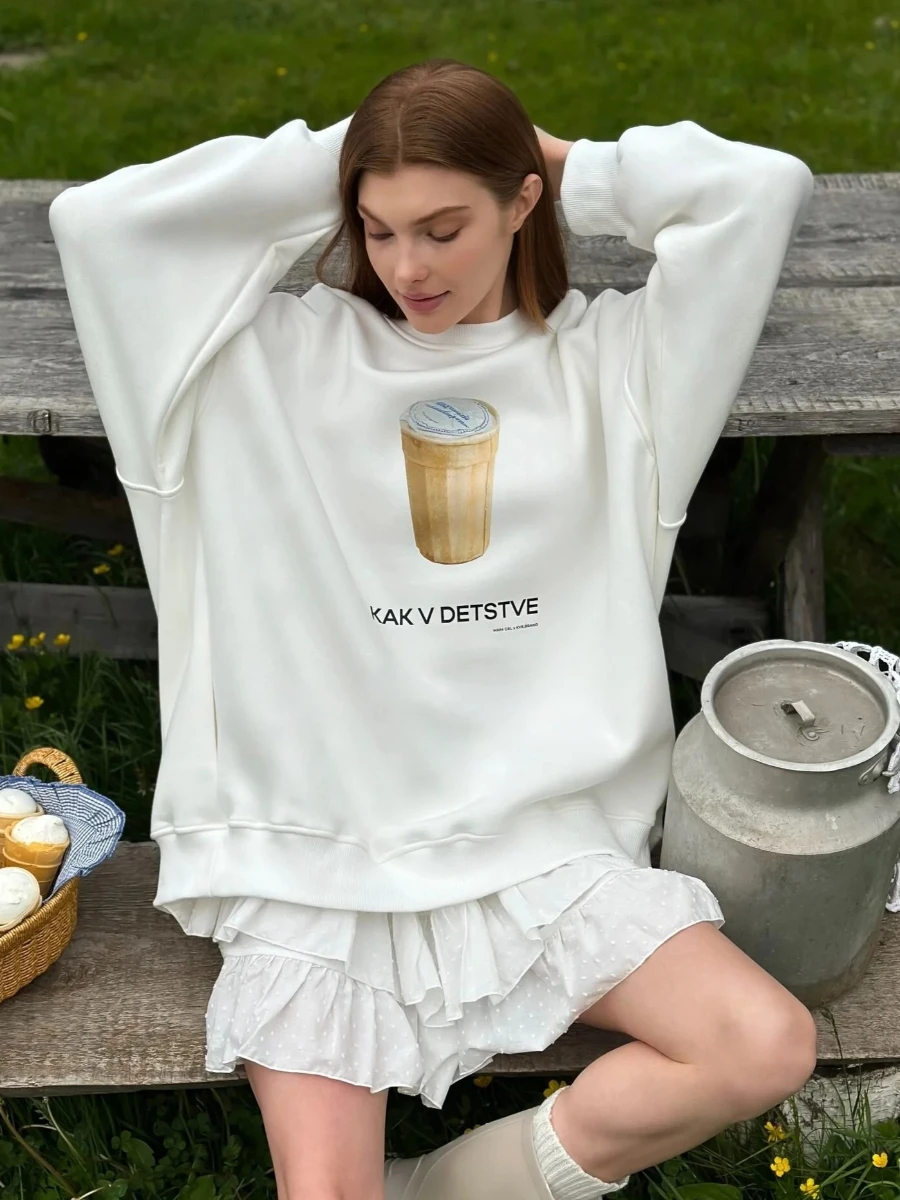 Mujer Otoño Invierno nuevo estampado cálido pulóver suelto cuello redondo de gran tamaño cómodo Casual Chic sudadera