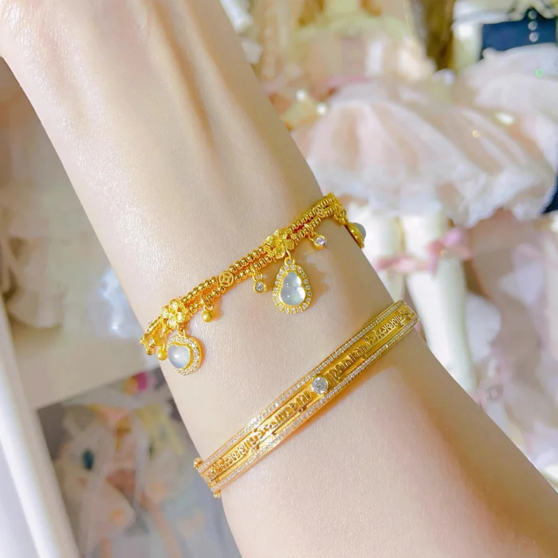 

24K Gold AU999 "Gourd & Heart" Bracelet | Micro - carved vines, gold - bead accents, adjustable, luxurious & meaningful