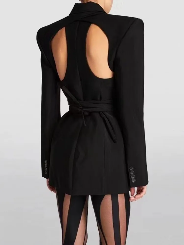 DEAT Fashion Women\'s Blazer Notched Collar Lace Up Waist Hollow Out Long Sleeve Drawstring Suit Jackets Autumn 2024 New 17A4352