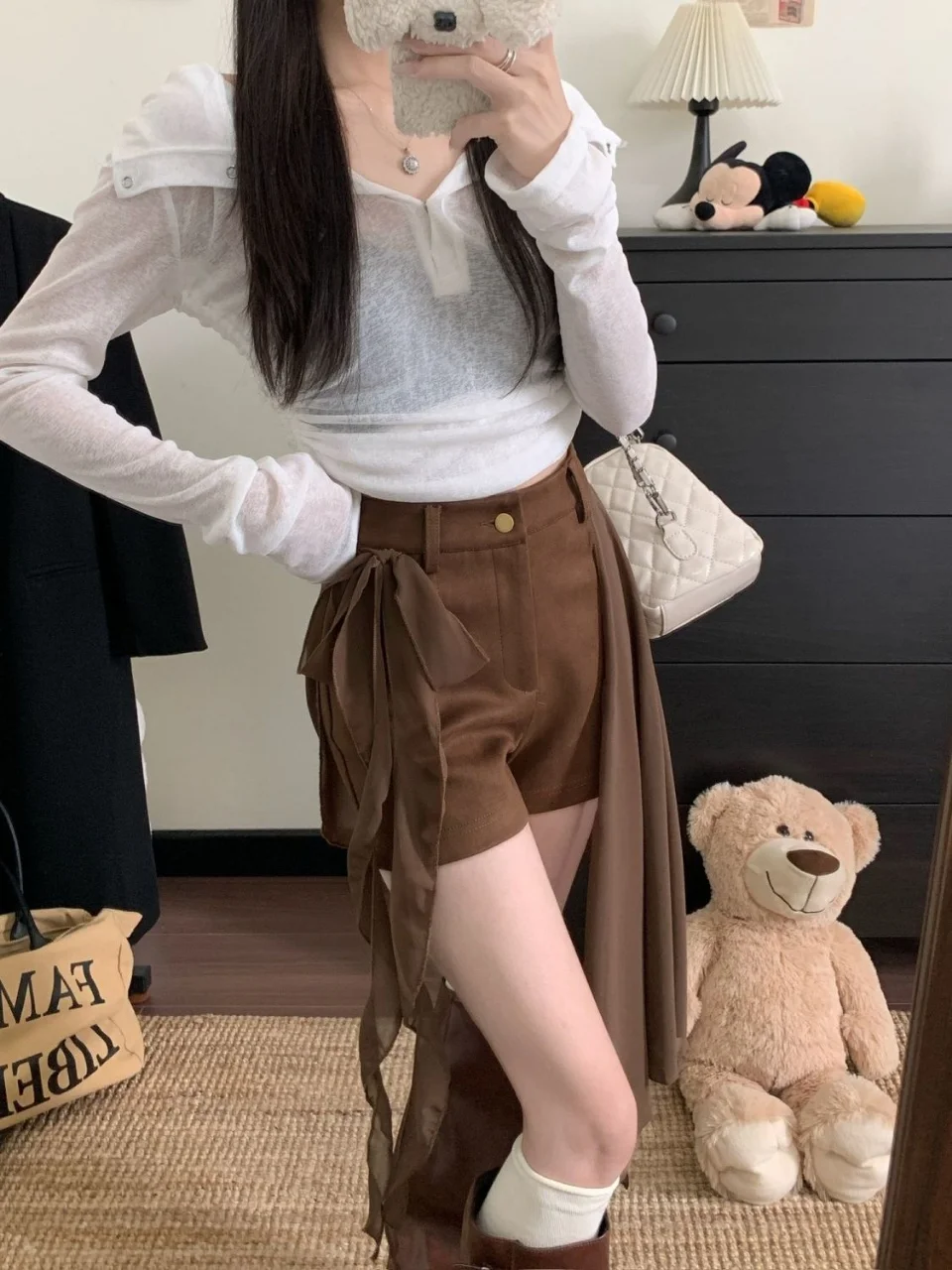American retro spicy girl style patchwork ribbon high waisted casual pants autumn millennium spicy girl slim trend shorts emo