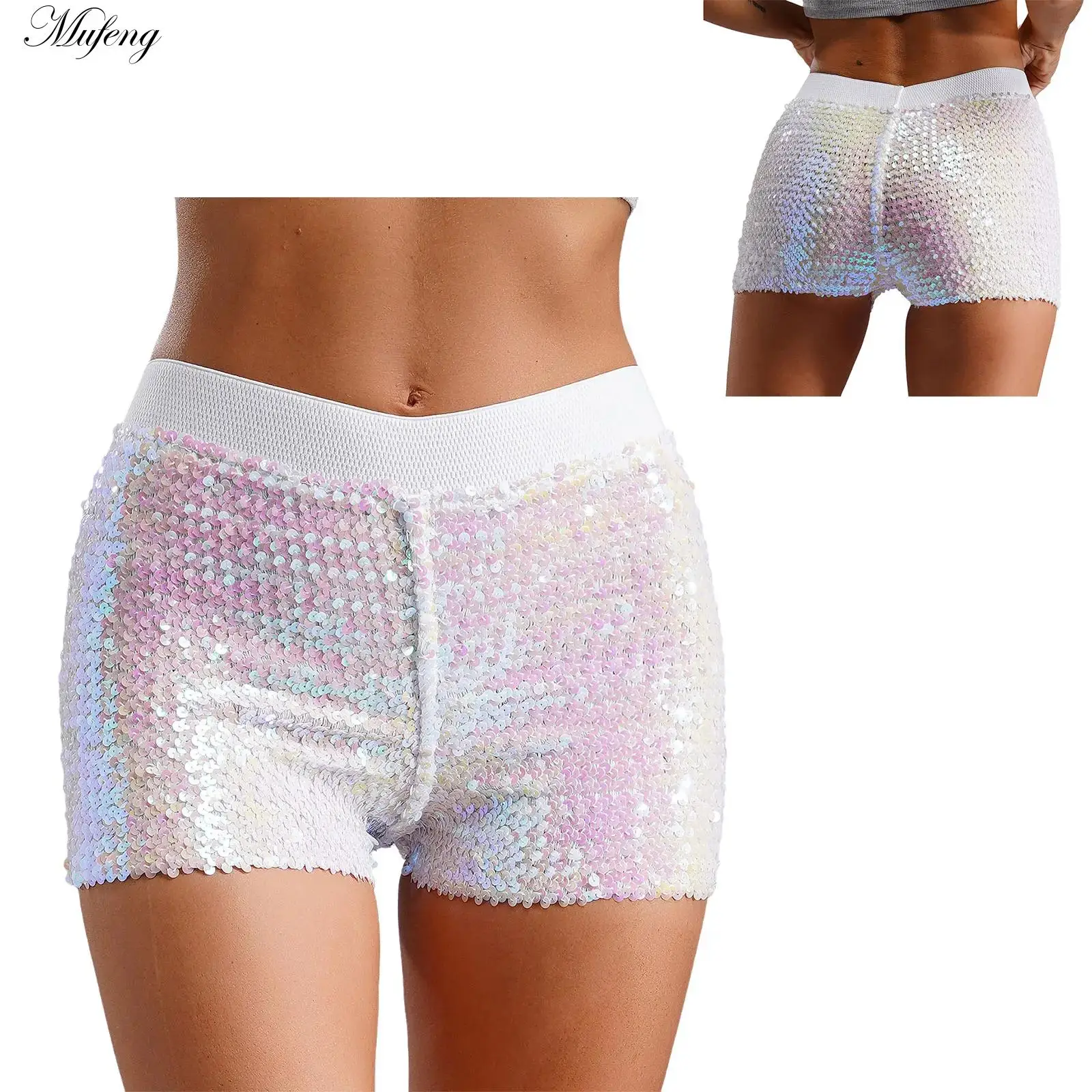 

Womens Shiny Sequin Jazz Dancing Booty Shorts Hot Pants Nightclub Bar Singer Gogo Dance Costume Team DS Lead Stretchy Shorts