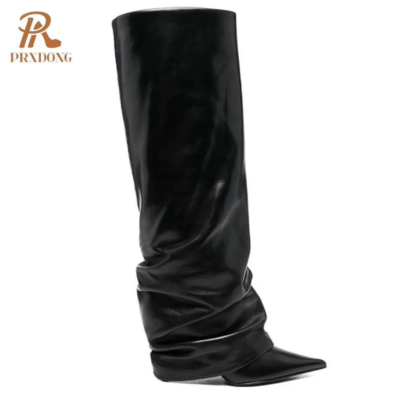 PRXDONG New Sexy High Heels Pointed Toe Autumn Winter Warm Knee High Boots Black Beige Dress Party Female Long Boots Size 34-43