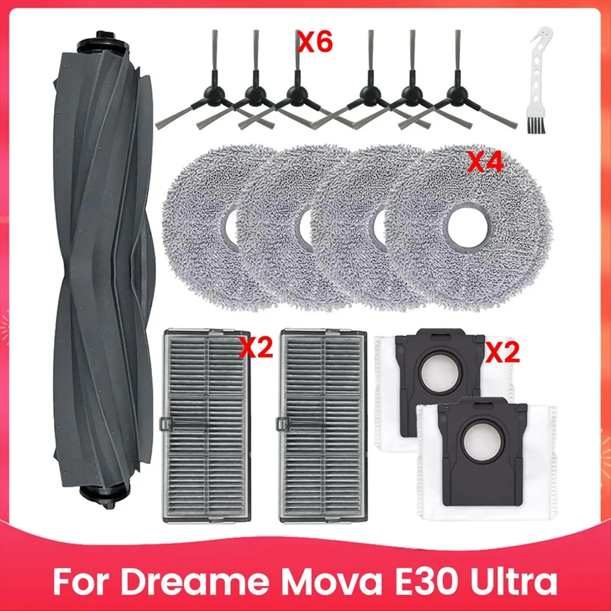 

Запасные части для робота-пылесоса E30 Ultra, основная боковая щетка, фильтр Hepa, швабра, тканевые мешки для пыли