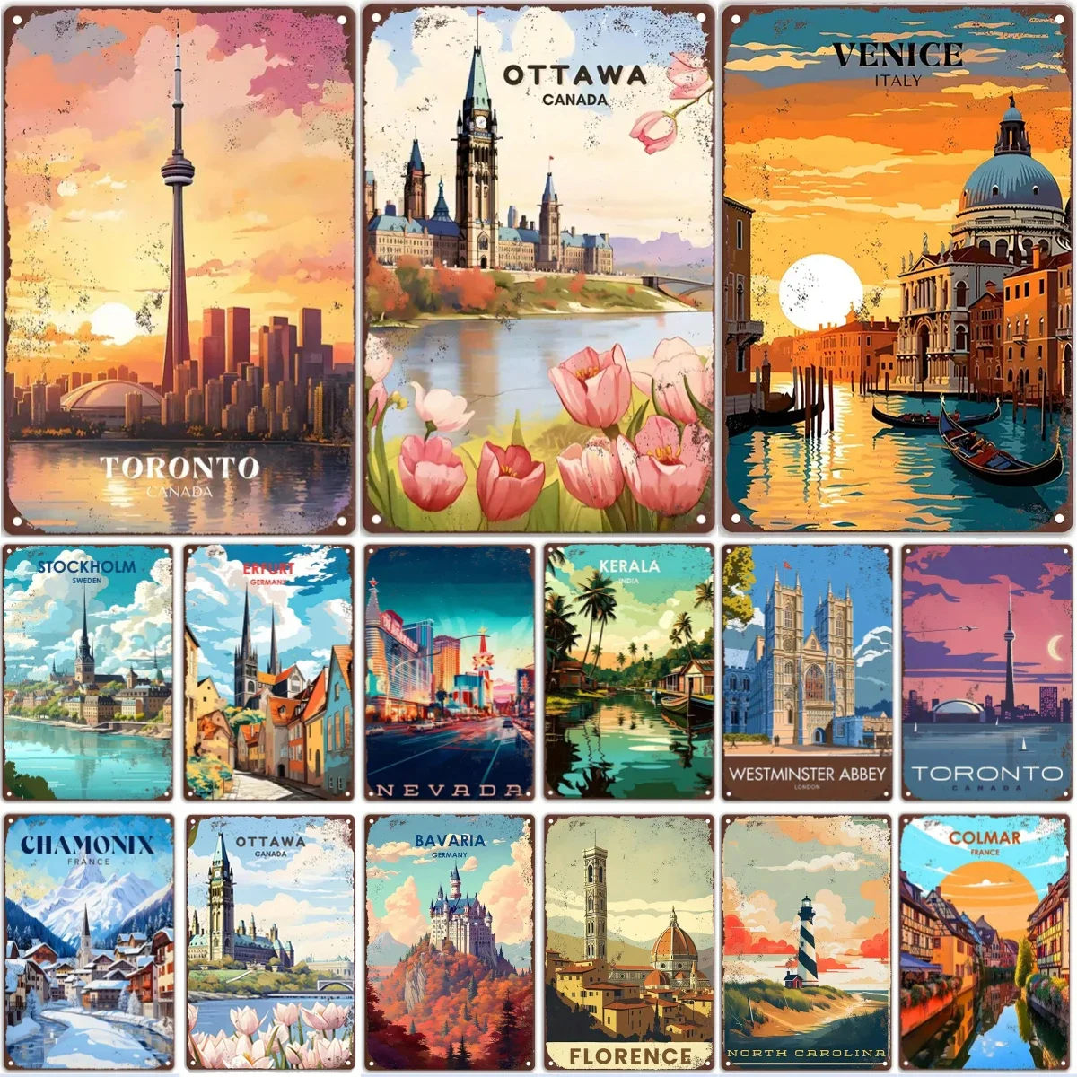 Retro Metal Sign Travel Round The World VENICE,CANADA,TORONTO  Vintage Poster,Home,Bar,Room,pub,Cafe,Club Hotel Wall Decor plate