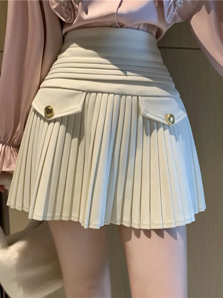 

High waisted temperament A-line short skirt pants for women in autumn design small and slim figurewoolen pleated half body skirt