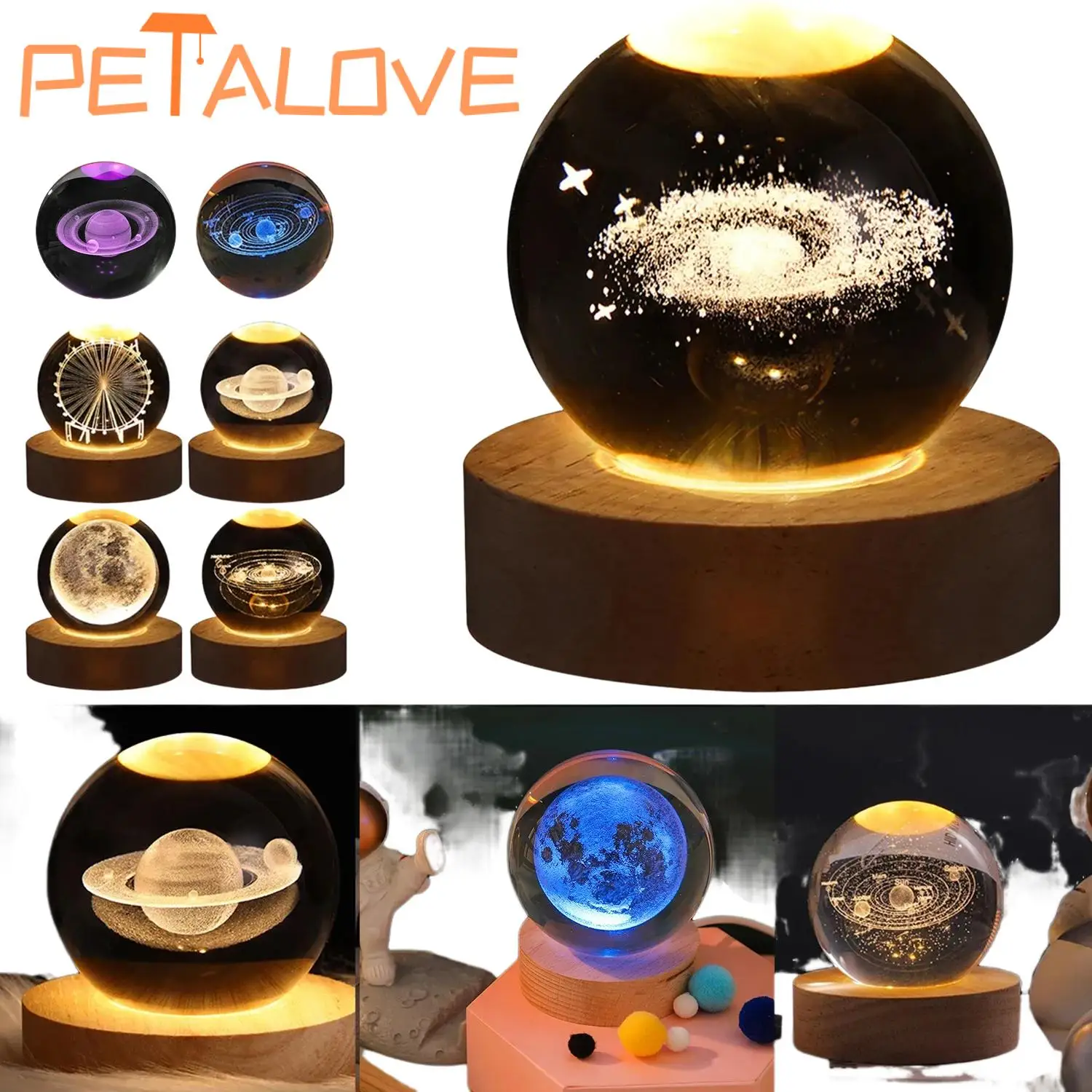 3D LED Crystal Ball Table Lamp, Lua, Planeta, Galáxia, Astronauta, Decoração do Quarto, Casa, Abajur, Festa, Presente de férias