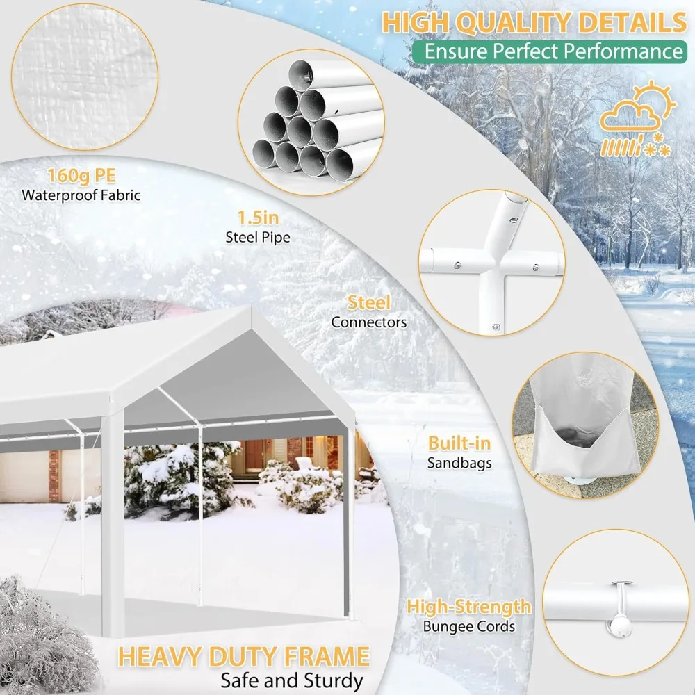 Car Ports 12x20 Heavy Duty Portable Garage, Upgraded Canopy with Removable Sidewalls, Ventilated Windows & Built-in Sandbags, W