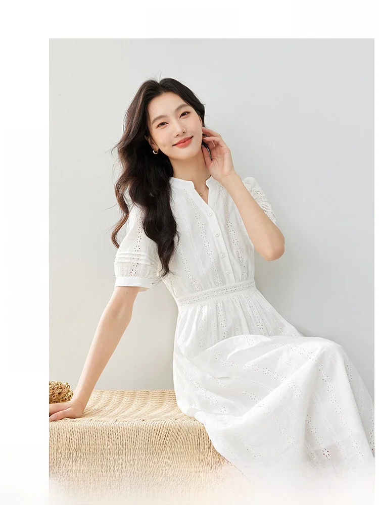 

Белая длинная женская летняя юбка-трапеция Ele из 100% хлопка с вышивкой, средней посадки, расклешенная, на пуговицах