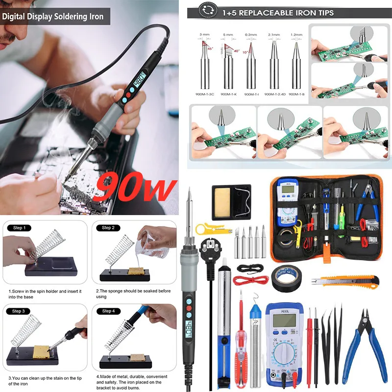 

1Set 110V/220v 90W Adjustable Temperature Electric Soldering Iron Multimeter Tool Set Adjustable Temperature Welding Kit