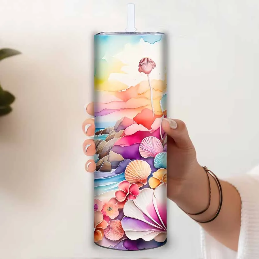 1Pc Print 3D Colorful Seaside Shell Water Bottle Straw Lid 20oz Stainless Steel Tumbler Insulated Coffee Mugs Vacuum Travel Cup