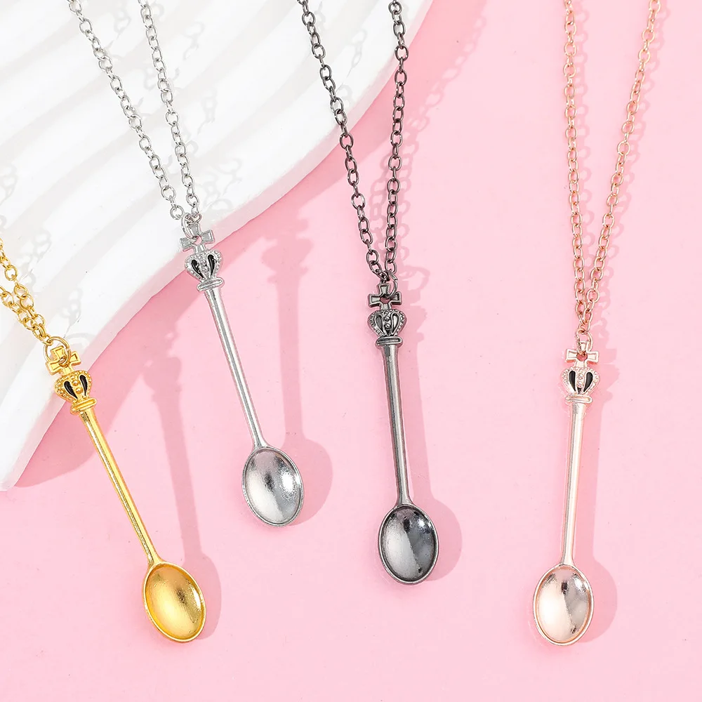Crown Cross Mini Spoon Necklace - Cute Fashion Teaspoon Design Pendant Accessory for Boys & Girls Fun Gift Idea