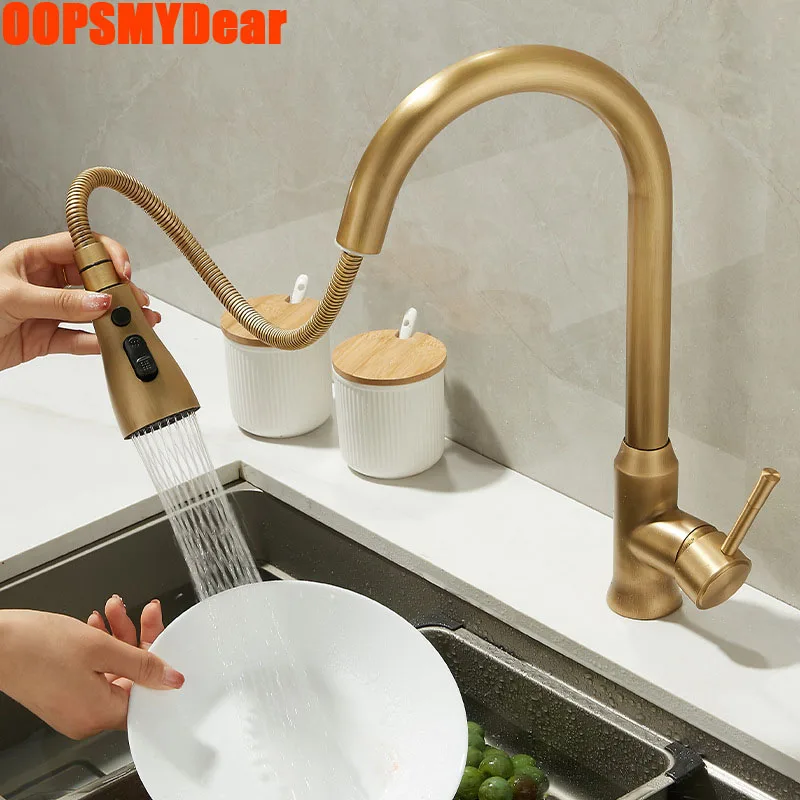 

Antique Brass Copper Faucet Kitchen Sink Pull Out Down Mixer Tap Deck Mount Hot Cold 360 Degree Rotation Swivel Retro Faucets