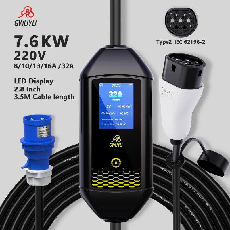 전기 자동차 월박스 여행용 EV 휴대용 충전기, GWUYU M62 타입 2 IEC62196-2, 7KW, 32A, 220V, 2.8 인치 LED 스크린