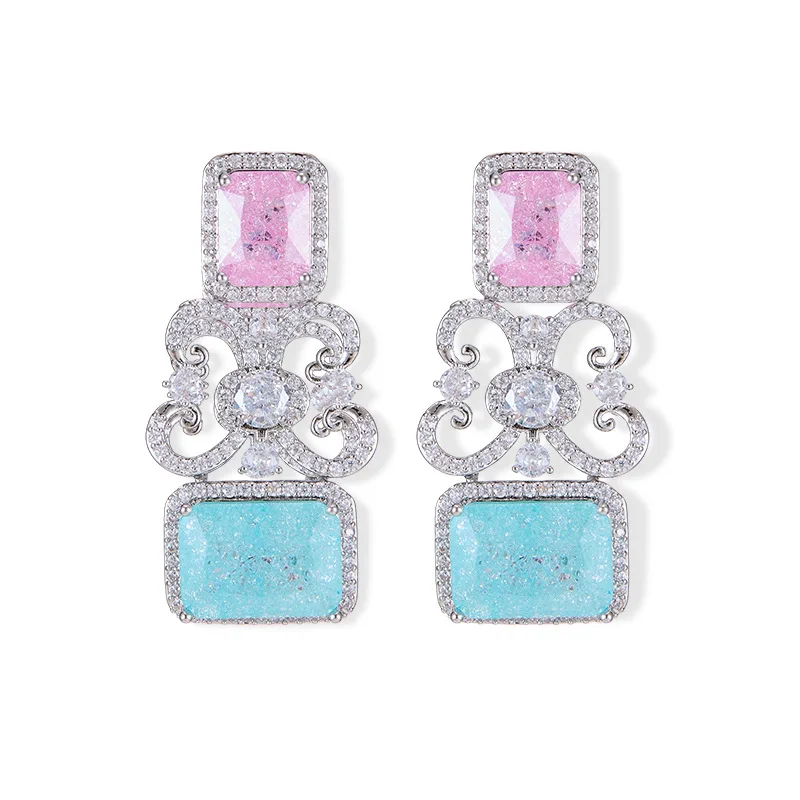 Pink Blue Rectangle Cubic Zircon Dangle Earrings Hollow Scroll Pattern Drop Earrings Daily Wear Women Jewelry