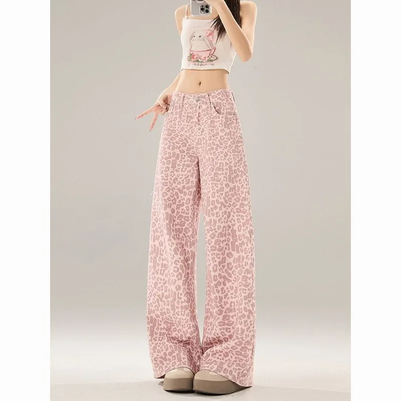 Korean Style Pink Leopard Print Loose Denim Pants for Women Y2k Fashion Streetwear Women's High Street Casual Wide Leg Jeans