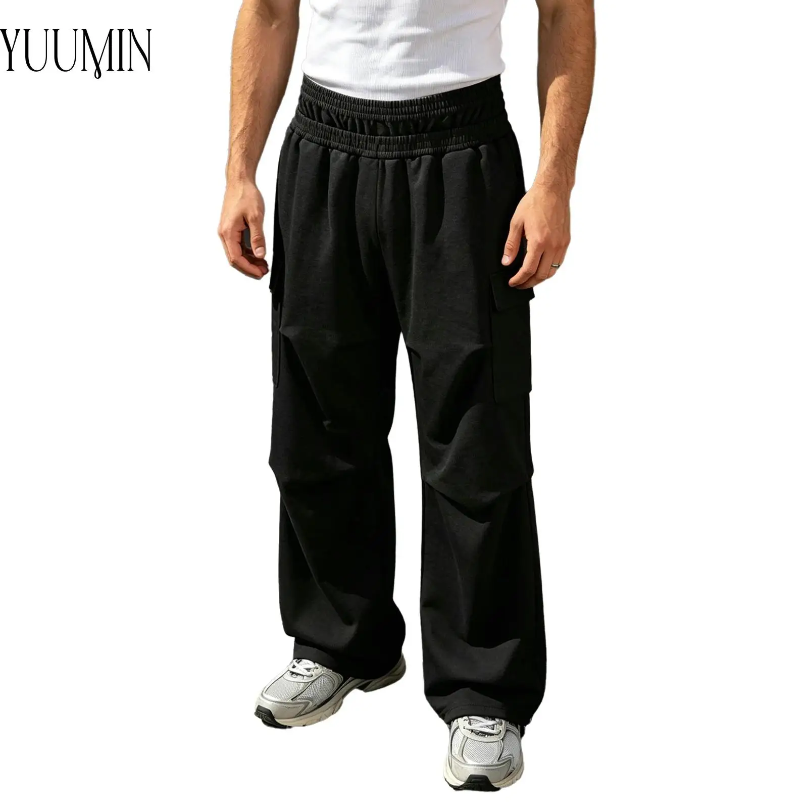 

Men Double Waistband Ruched Wide Leg Cargo Pants with Pockets Stretchy Breathable Lightweight for Hip Hop Sports Running Casual