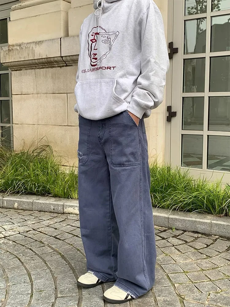 

Blue Waed Straight Leg Workwear Pants Men's Vintage Ripped Hem Casual Jeans Retro Sle Commuter Trousers ex