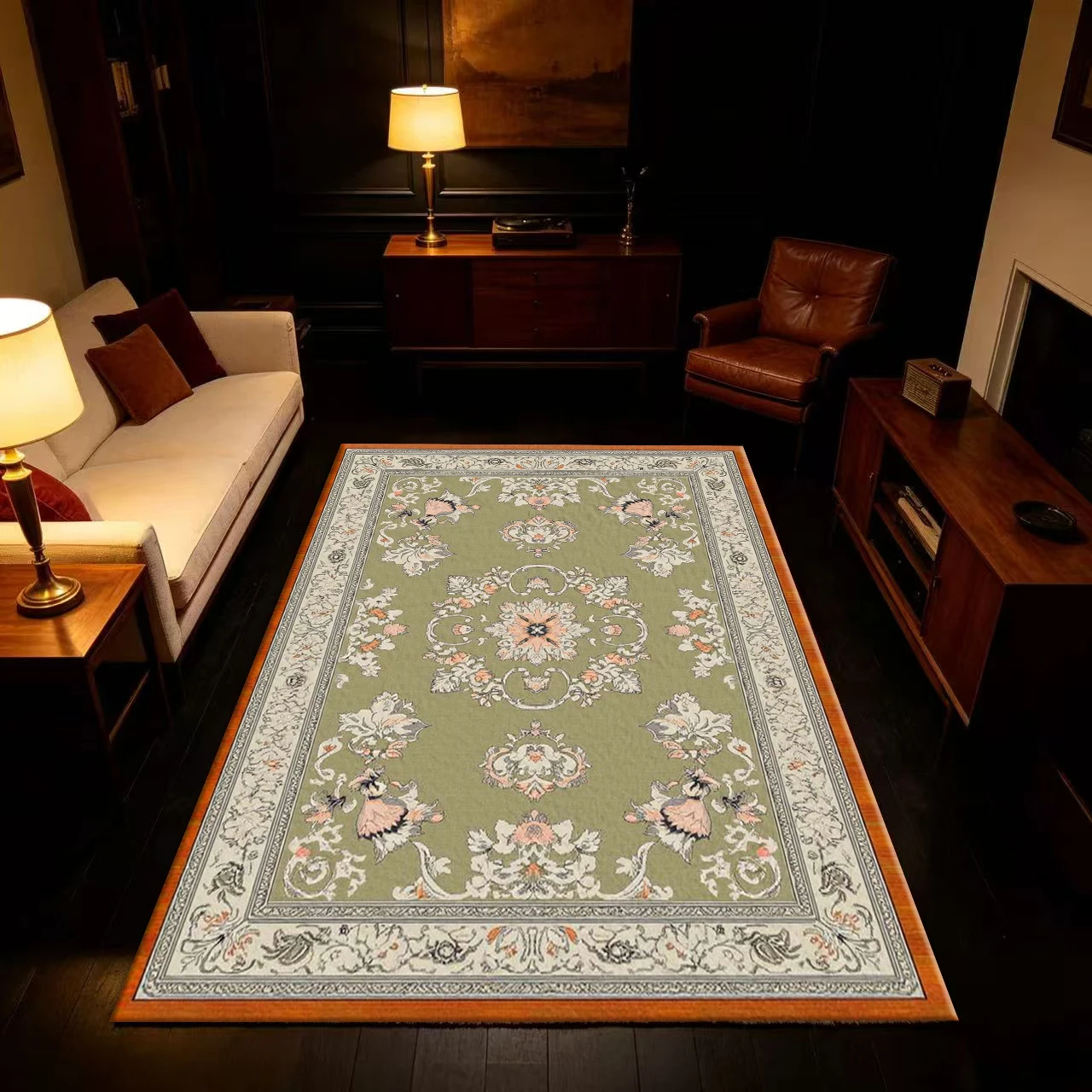 Light Green European Classic Floral Border Carpet with Vintage Patterns, Suitable for Home Living Room Decoration