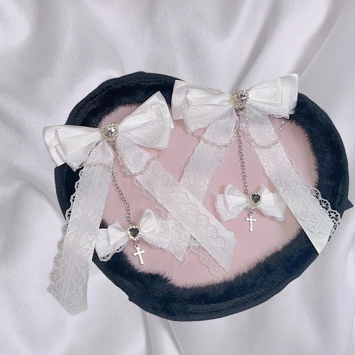 Y2K Girl Angel Harajuku Gothic Headdress Japanese Lolita Punk Side Clip Cute Bows Lace Chain Subculture Bling Hair Accessories