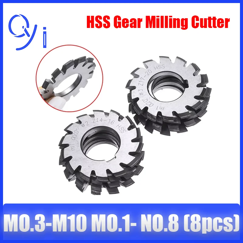 

M0.3 M0.5 M0.6 M0.8 M1 M1.25 M1.75 M2.25 M2.5 M3 M4 M5 Modulus PA20 Degrees NO.1-NO.8 HSS Gear Milling Cutter Gear Cutting Tool