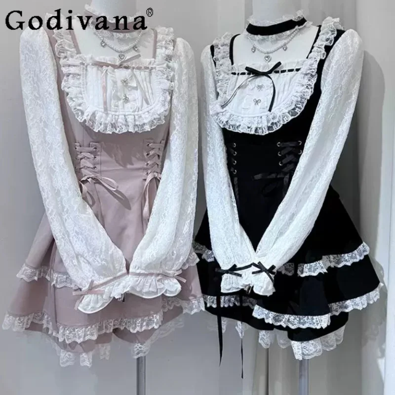 Japanese Temperament Lace Square Collar Women Long Sleeve Cake Dress Fashion Age Reduction College Lace-up Princess Dresses Sets