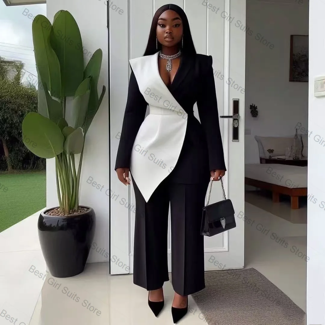 

Black White Women Suit Set 2 Piece Blazer+Pants Trousers Cotton Spring Formal Office Lady Jacket Customized Wedding Coat