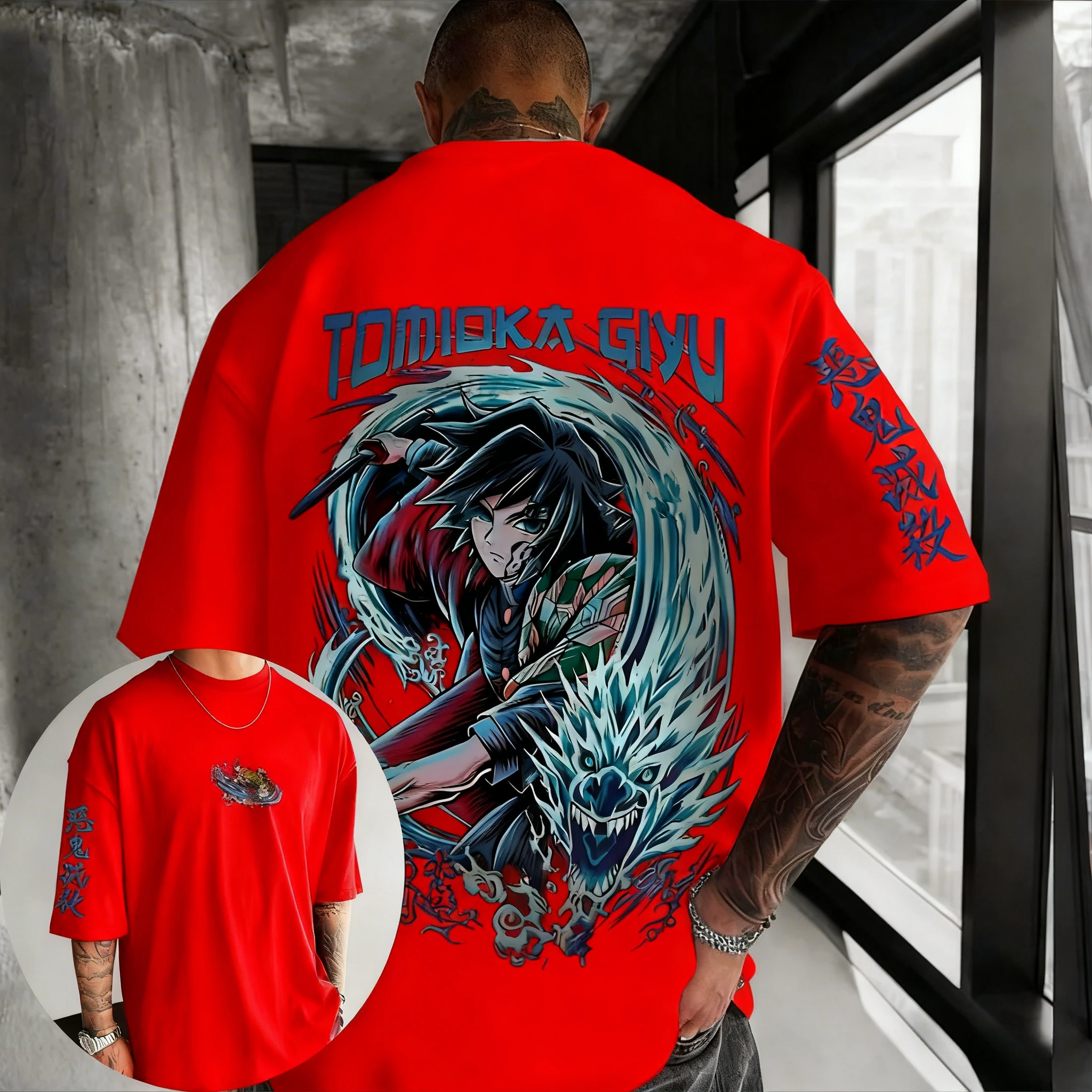 شيطان القاتل أنيمي Tomioka Giyuu تي شيرت مطبوع 2026 الرجال الخريف/الشتاء Harajuku جديد كبير اليومية عادية الوالدين والطفل #4