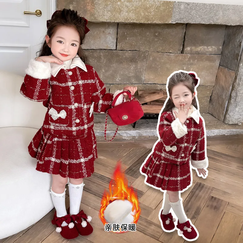 winter design Christma children outfit kids suit Color blocked lapel plaid jacket+pleated skirt 2pcs 2-10 baby girls clothes set