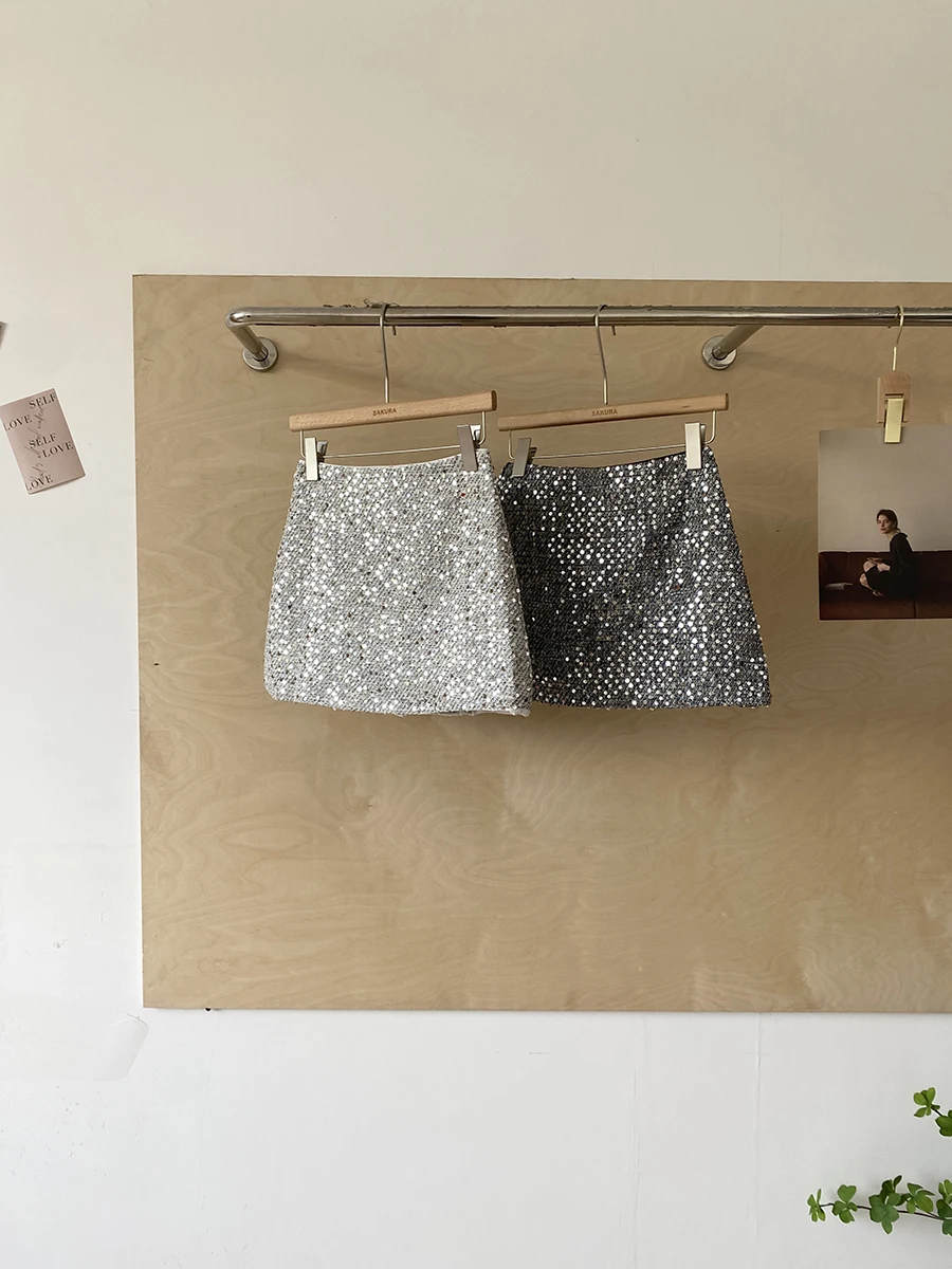 Fashionable Glittery Heavy Embellishment A-Line  Skirt Women's High Waist Slim Fit Tweed Short Skirts Commute Style