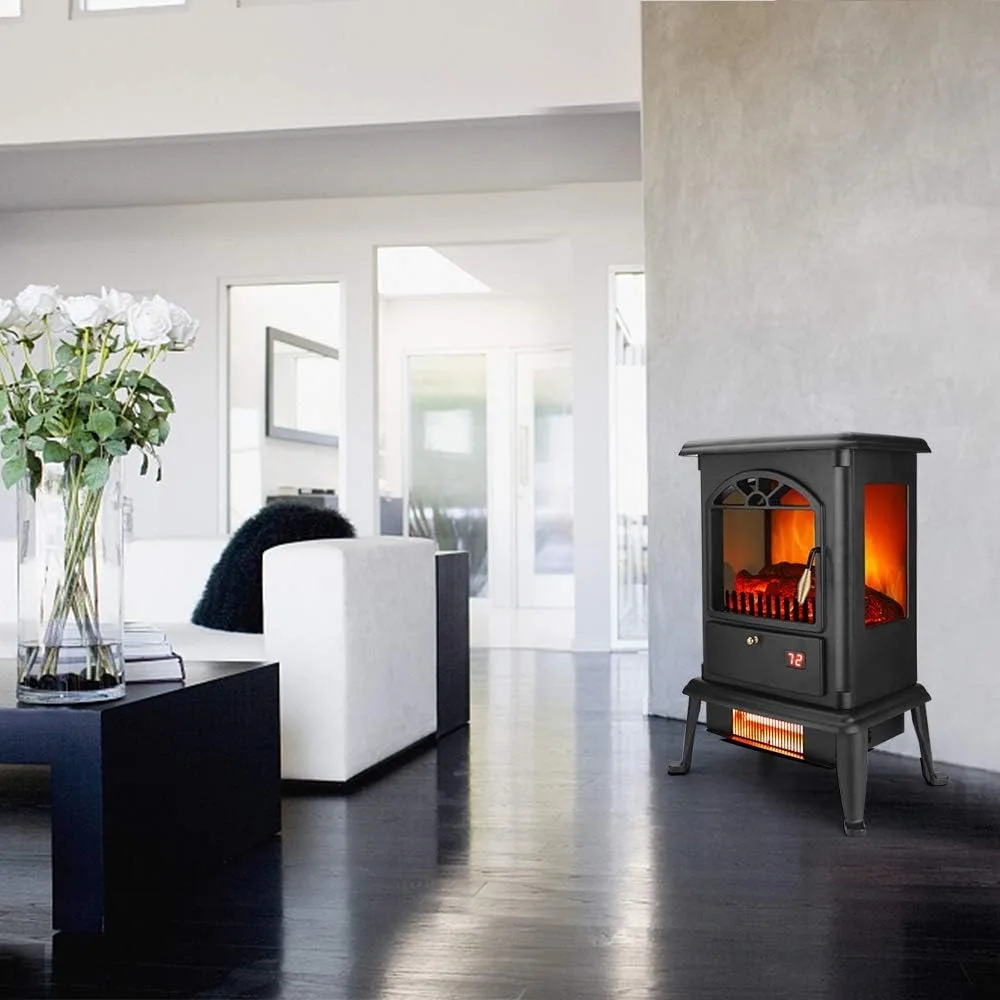 مدفأة كهربائية، سخان فرن بالأشعة تحت الحمراء قائم بذاته مقاس 22 بوصة، مع 3 رؤى جانبية، وجهاز تحكم عن بعد، وشاشة LED، وحماية من الحرارة الزائدة