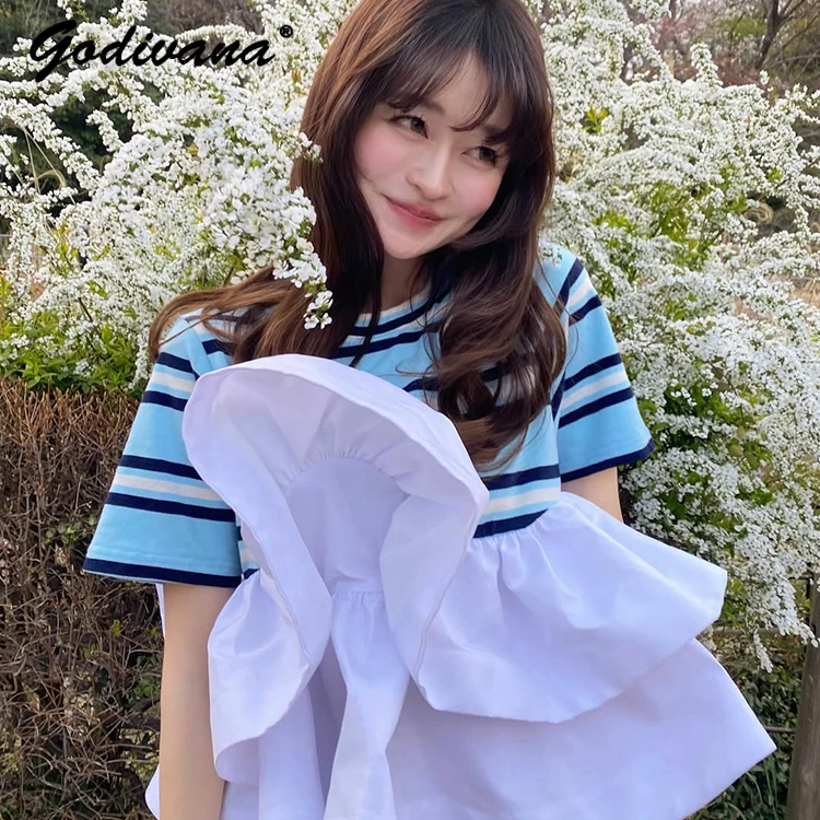 

Japanese Style New Summer Contrasting Color Striped Ruffle Edge T Shirt Female Casual Round Neck Short-sleeved T-shirt Tops
