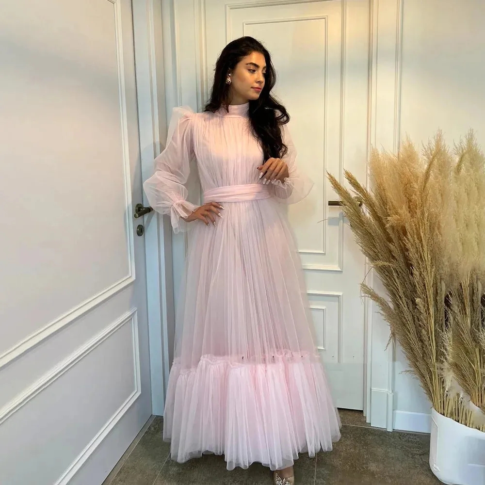 Customized Pink Prom Dresses Arbia Dubai High Neck Formal Evening Gowns Long Puffy Sleeves Wedding Guest Party Robe 2024