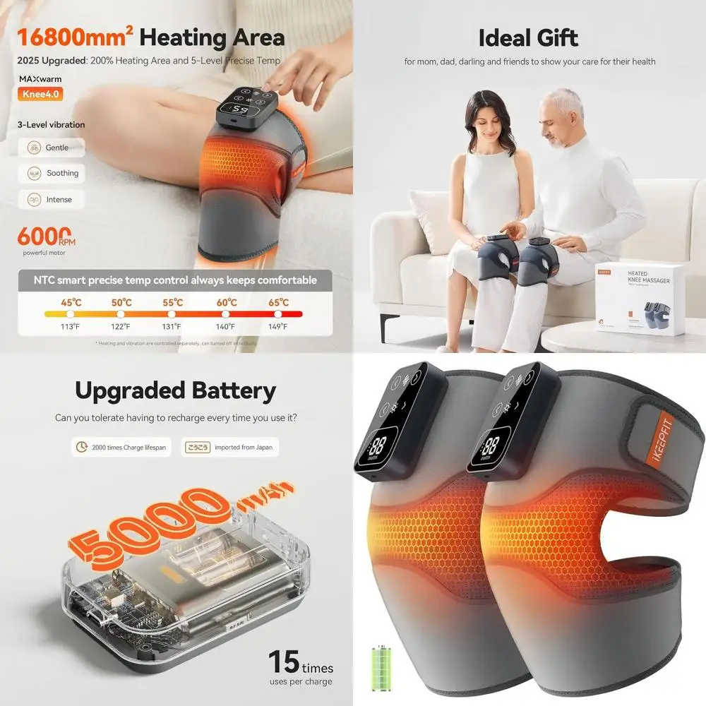 

Wireless Knee Massager with Heat and Vibration for Pain Relief - Electric Knee Support Brace with Adjustable Heat and Massage Mo