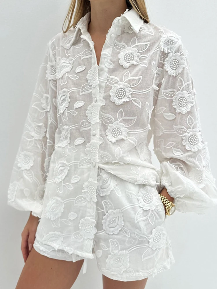 

Summer Casual Women's Cotton Jacquard Shirt Embroidered High Waist Shorts Set White Button Wrist Sleeve 2-Piece Outfit