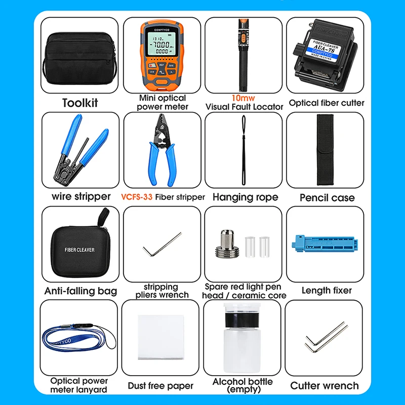 Fiber Optic Splice Tool Kit Mini Optic Fiber Power Meter FTTH  Fiber Cleaver AUA-7S CFS-33 Fiber Stripper