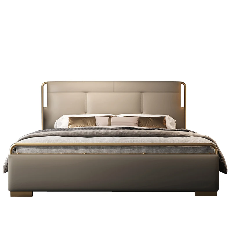 

# Rectangular Layered Headboard Leather Bed for Bedroom, Plush Soft Bed with Segmented Upholstery & Chic Gold Accents
