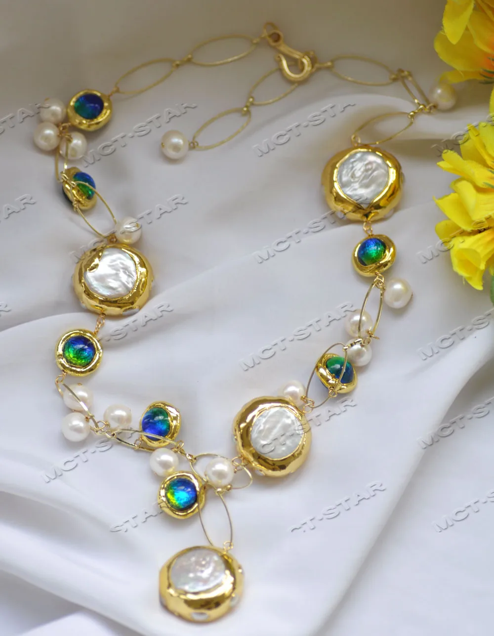 MTC·STAR Z12774 Set White Round Pearl Gold-Plated Bead Blue Murano Glass Necklace Bracelet Earring