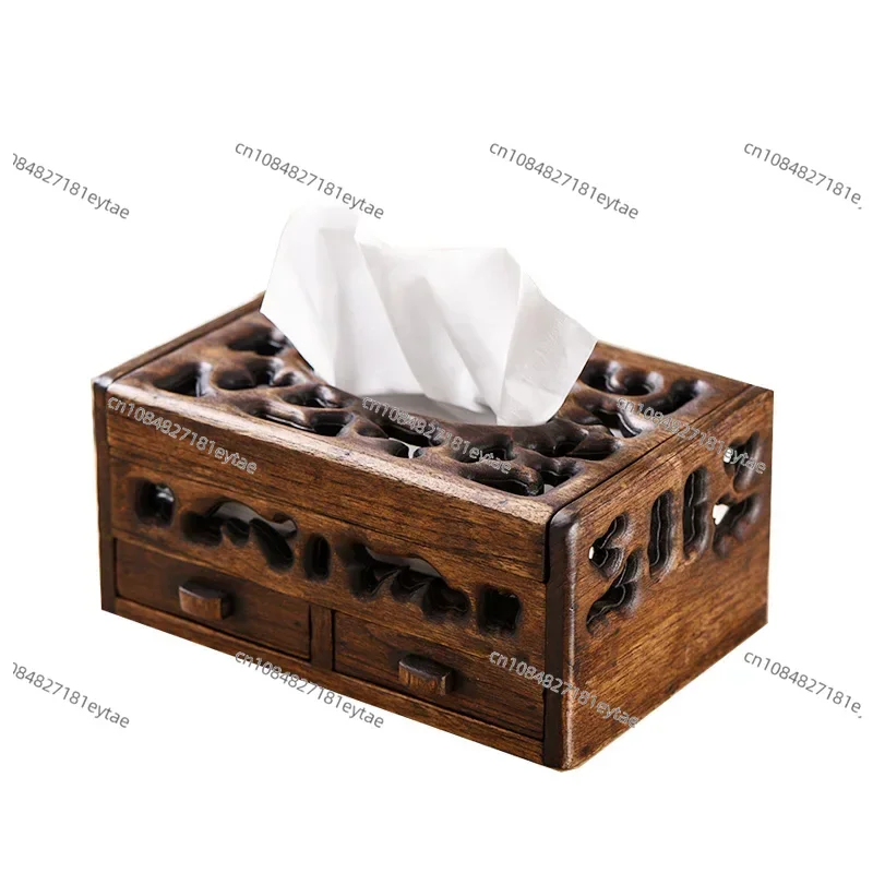Solid Wood Multifunction Tissue Box Retro Living Room Coffee Table Desktop Tray Household Hollow Napkin Storage view 5